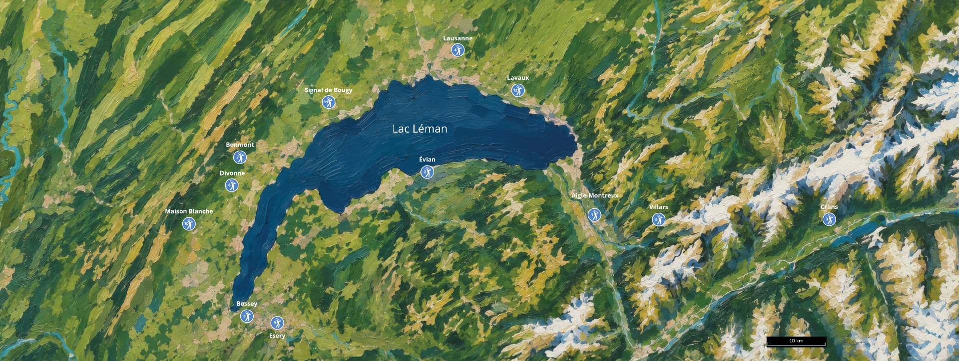 Satellite map of Lake Geneva with the twelve golf clubs marked, from Bossey and Esery in the south-west to Crans in the east