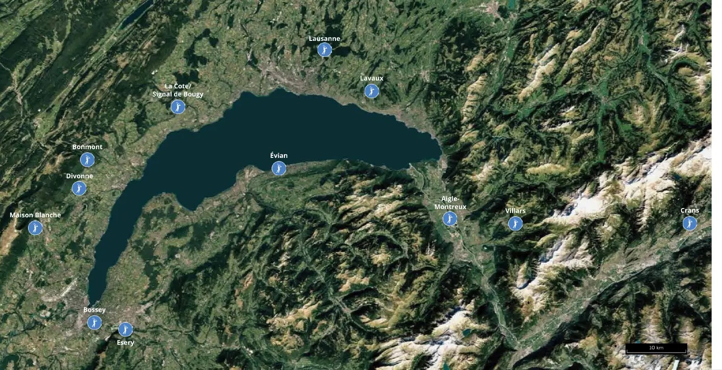 Satellite map of Lake Geneva with the twelve golf clubs marked, from Bossey and Esery in the south-west to Crans in the east
